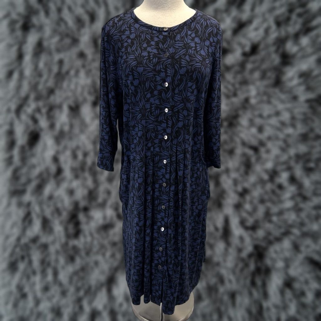 J. Jill VINTAGE J. Jill Floral Shift Dress Womens L Blue Black 3/4 Sleeves Button Pockets Midi Dress Size L / US 10 / IT 46 - 1 Thumbnail