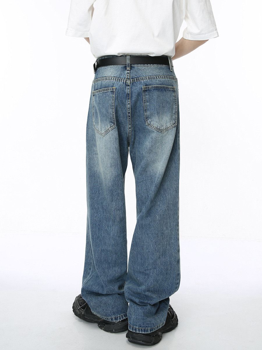 Japanese Brand Men's JapaneseTrendy Washed Whiskered Loose Straight Jeans Size US 32 / EU 48 - 4 Thumbnail