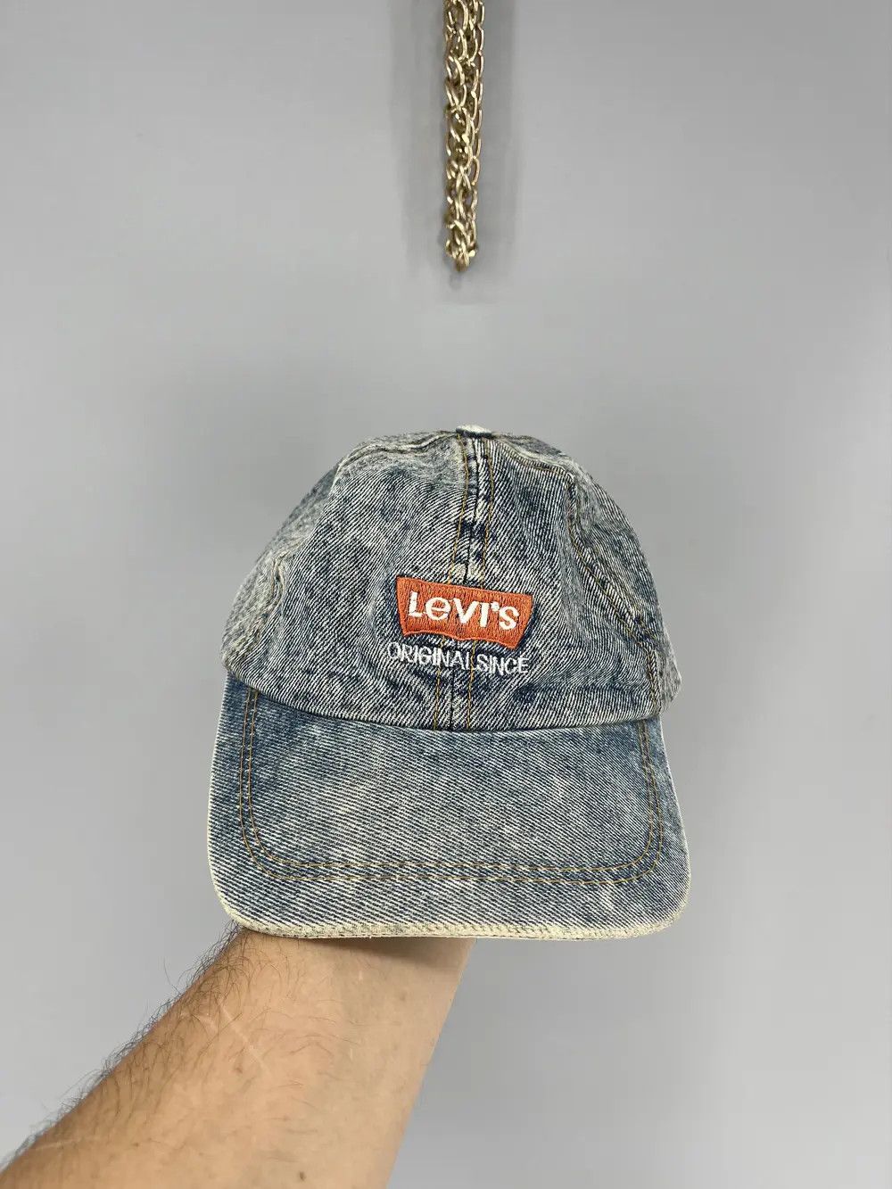 Levi's 80s Levis Denim Trucker Hat Leather Patch Strap Back Foam Size ONE SIZE - 1 Thumbnail