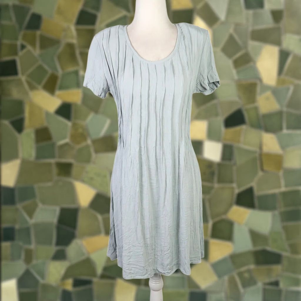 Vintage VINTAGE City Triangles Mini Dress Womens 90s 11 Blue Green Short Sleeve Zip Back Cinch Waist 34" 100% Rayon/Acetate Casual Solid 80s 90s Theme Womens Size L / US 10 / IT 46 - 1 Thumbnail