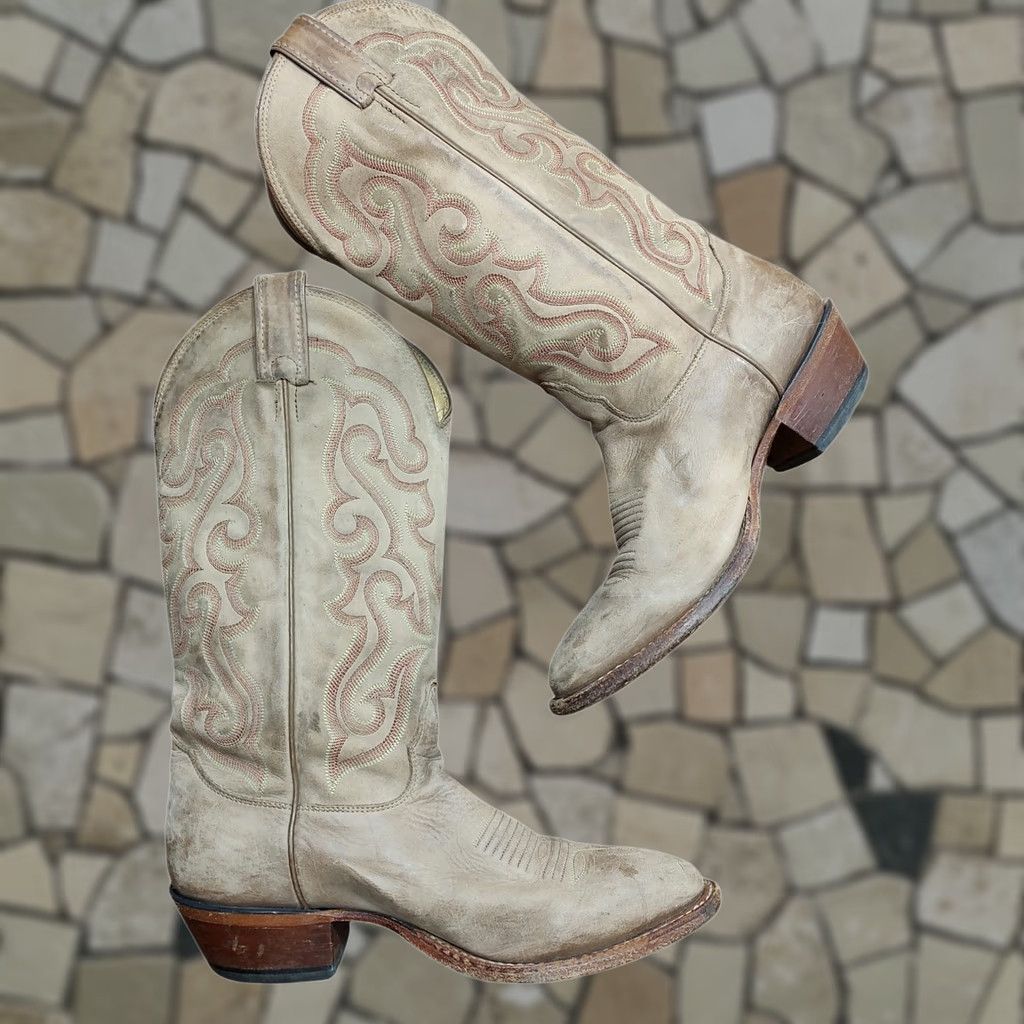 Vintage Nocona Dallas 13” Distressed Tan Cow Leather Boots Mens 8 D USA Made MD2701 Western Cowboy Rockabilly Rodeo Leather Upper Size US 8 / EU 41 - 1 Thumbnail