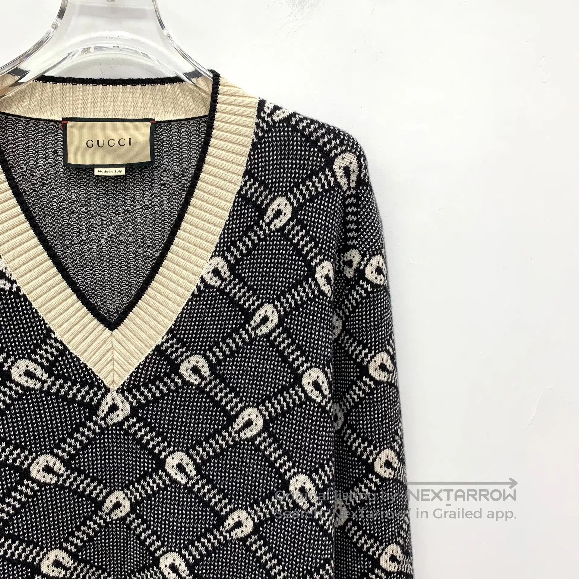 Gucci Guicci Black diamond pattern cotton V-neck long sleeve kni Size US L / EU 52-54 / 3 - 3 Thumbnail