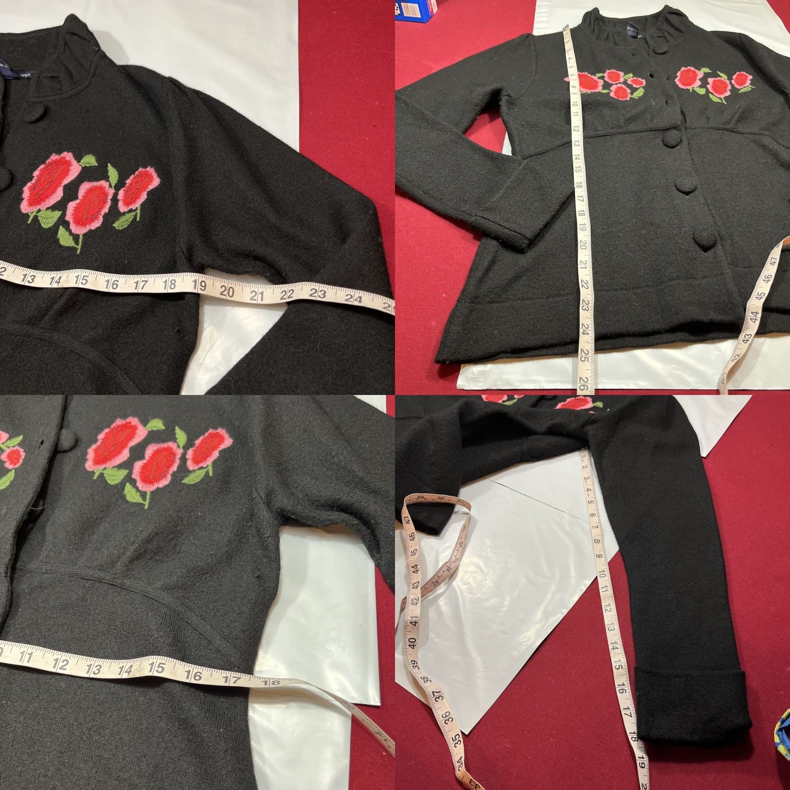 Boston Proper L BLACK Wool PINK ROSES SWEATER Cardigan BUTTON High Collar Jacket Coat Size L / US 10 / IT 46 - 8 Thumbnail