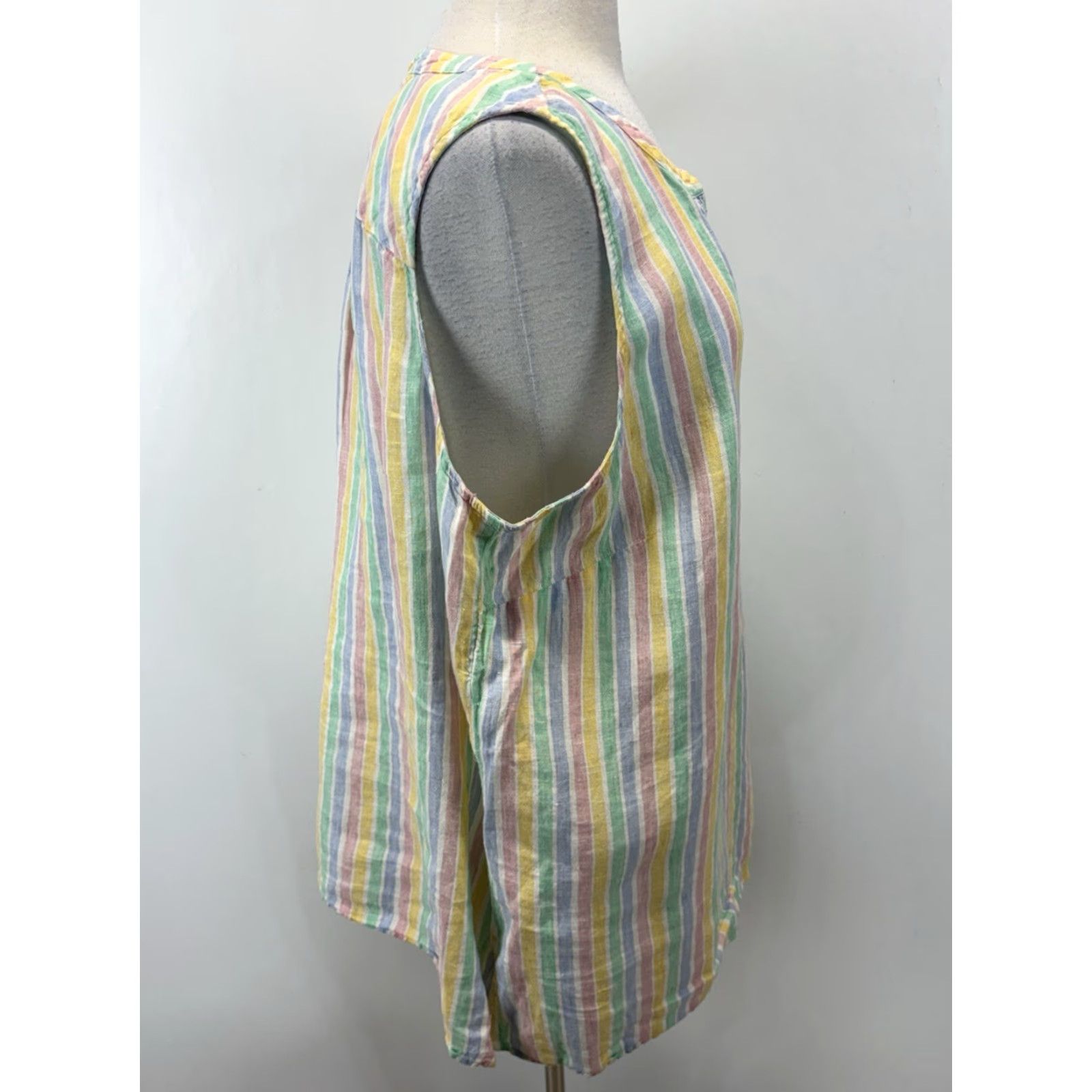 Talbots VINTAGE Talbots Blouse Shirt 2X Plus Sleeveless Linen Striped Pastel Split Neck Womens Size XXL / US 16-18 / IT 52-54 - 4 Thumbnail