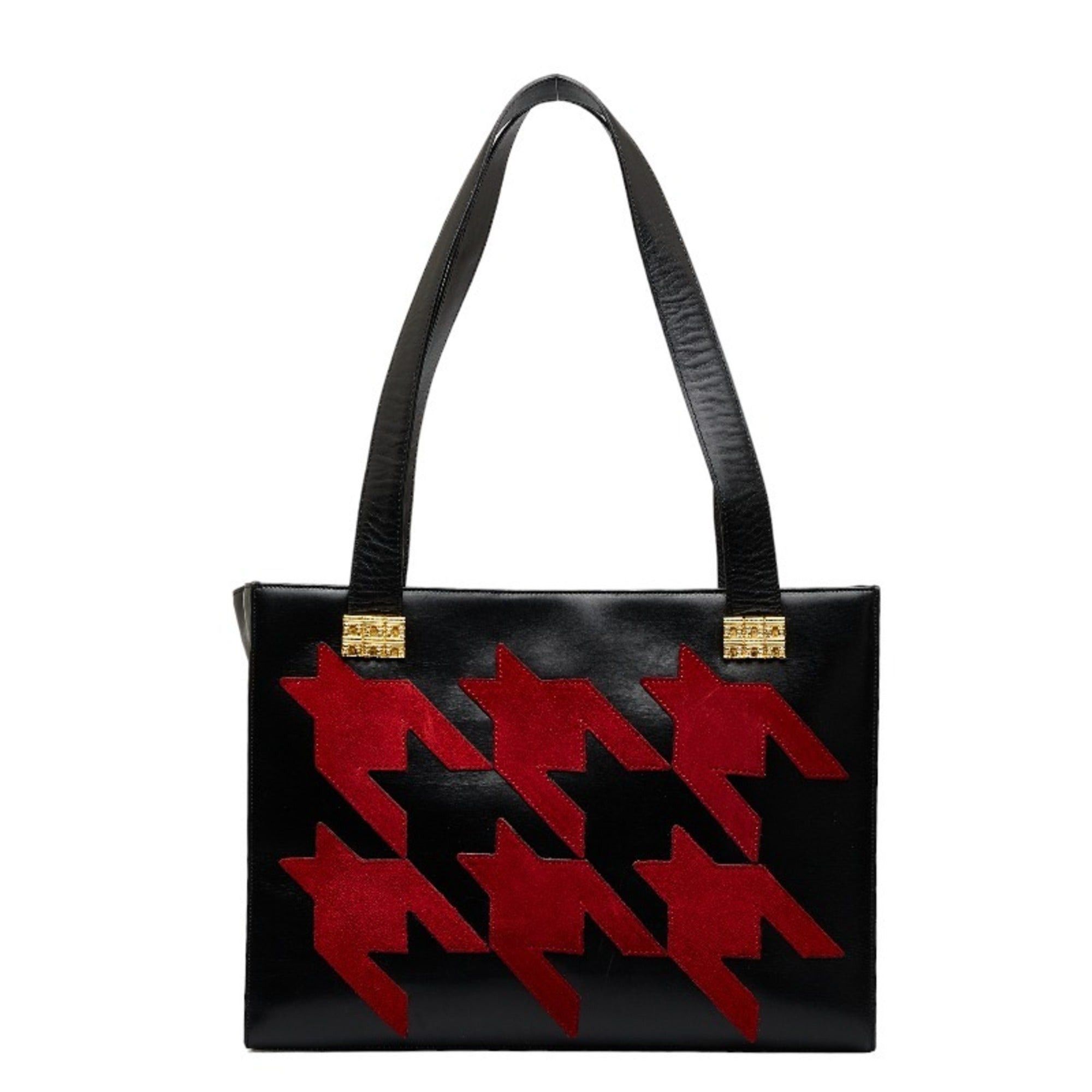 image of Celine Houndstooth Handbag Black Red Leather Women's
