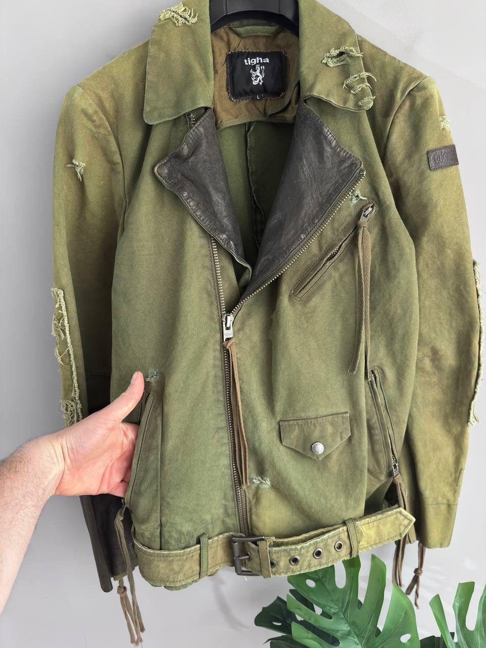 tigha Tigha Men's Canvas Cotton/Leather Distressed Biker Jacket, L Size US L / EU 52-54 / 3 - 8 Thumbnail