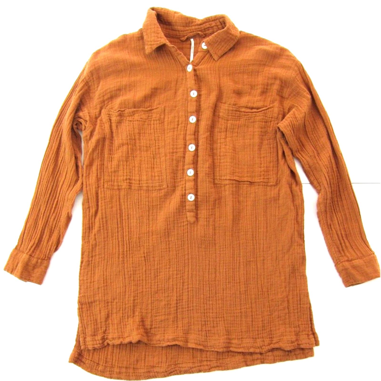 Free People Free People Collared Long Sleeve Oversize Blouse S Orange Cotton Gauze Women’s Size S / US 4 / IT 40 - 2 Thumbnail