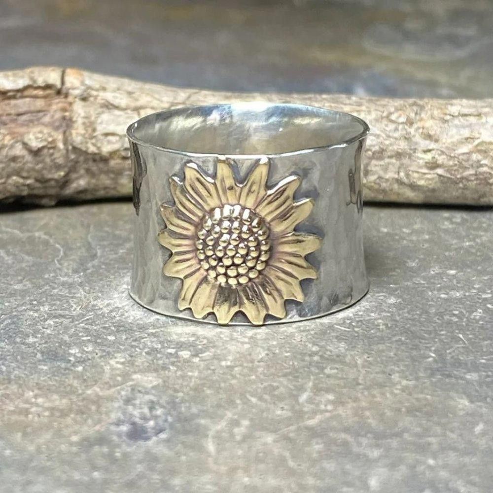 Designer Vintage Carved Yellow Sunflower Silver Flower Ring - Size 7 Size ONE SIZE - 10 Thumbnail