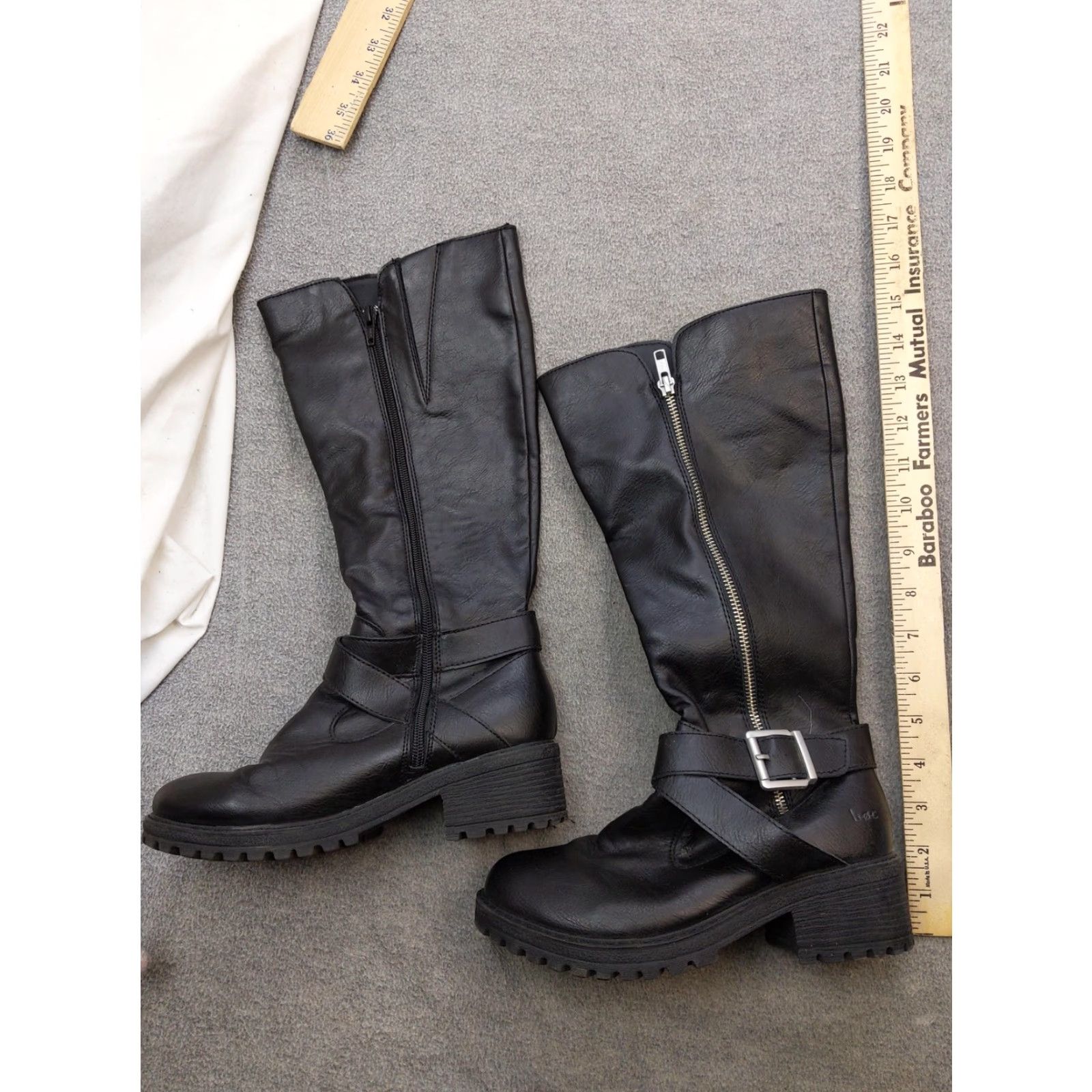 Vintage B.o.c Boots Womens 6 Black Knee High Zip Buckle Lug Sole Riding Moto Block Heel Mid-Calf Zipper Size US 6 / IT 36 - 2 Thumbnail