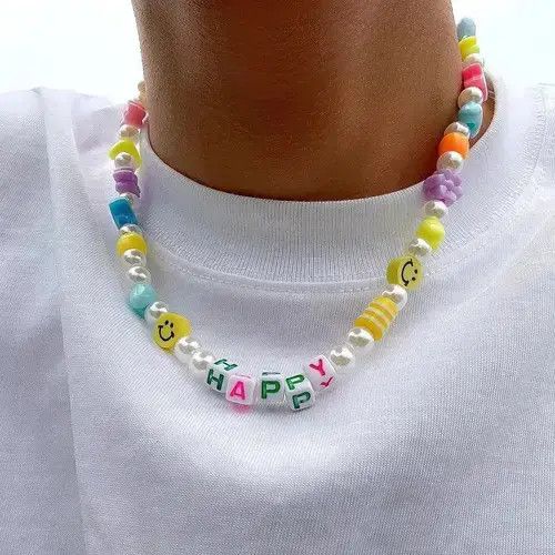 Chain x Jewelry Happy Smiley Face Bead Hippie Peace Pearl Rainbow Necklace, Men's