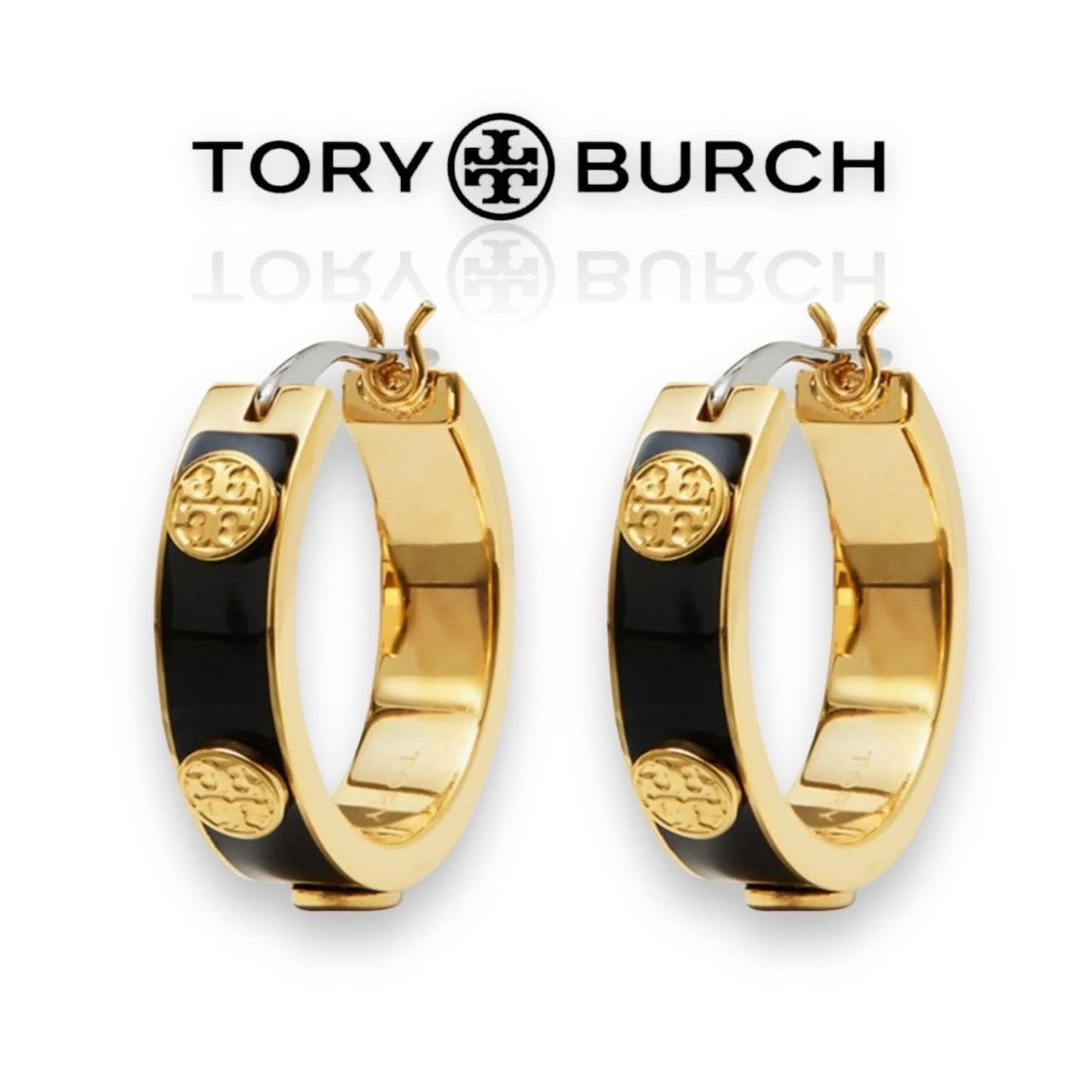 Tory Burch ✺ TORY BURCH GOLD BLACK ENAMEL AND GOLD MILLER HOOPS ✺✺ Size ONE SIZE - 1 Thumbnail
