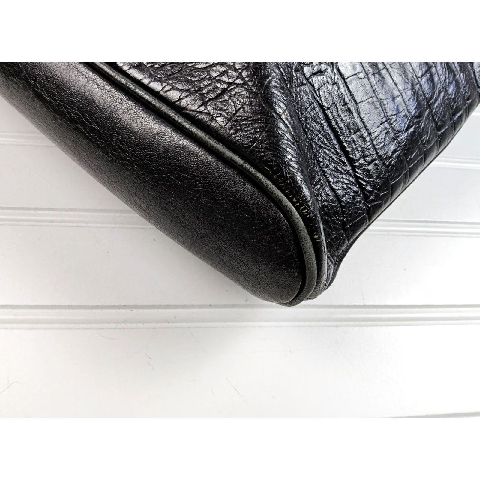 Vintage Annalou Crocodile Embossed Leather Tote Shoulder Handbag Purse Women Leather Tote Black Size ONE SIZE - 6 Thumbnail
