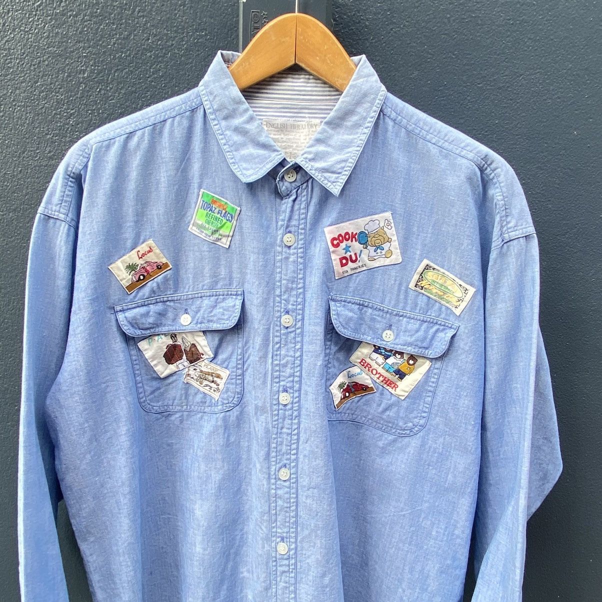 Japanese Brand × Vintage ENGLISH HERALDRY Vintage Patched Chambray Shirt. Size US M / EU 48-50 / 2 - 3 Thumbnail