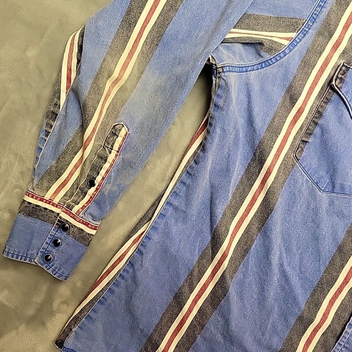 Wrangler VINTAGE Wrangler Brush Popper Shirt Men XL Blue Striped Pearl Snap Western King? Size US XL / EU 56 / 4 - 4 Thumbnail