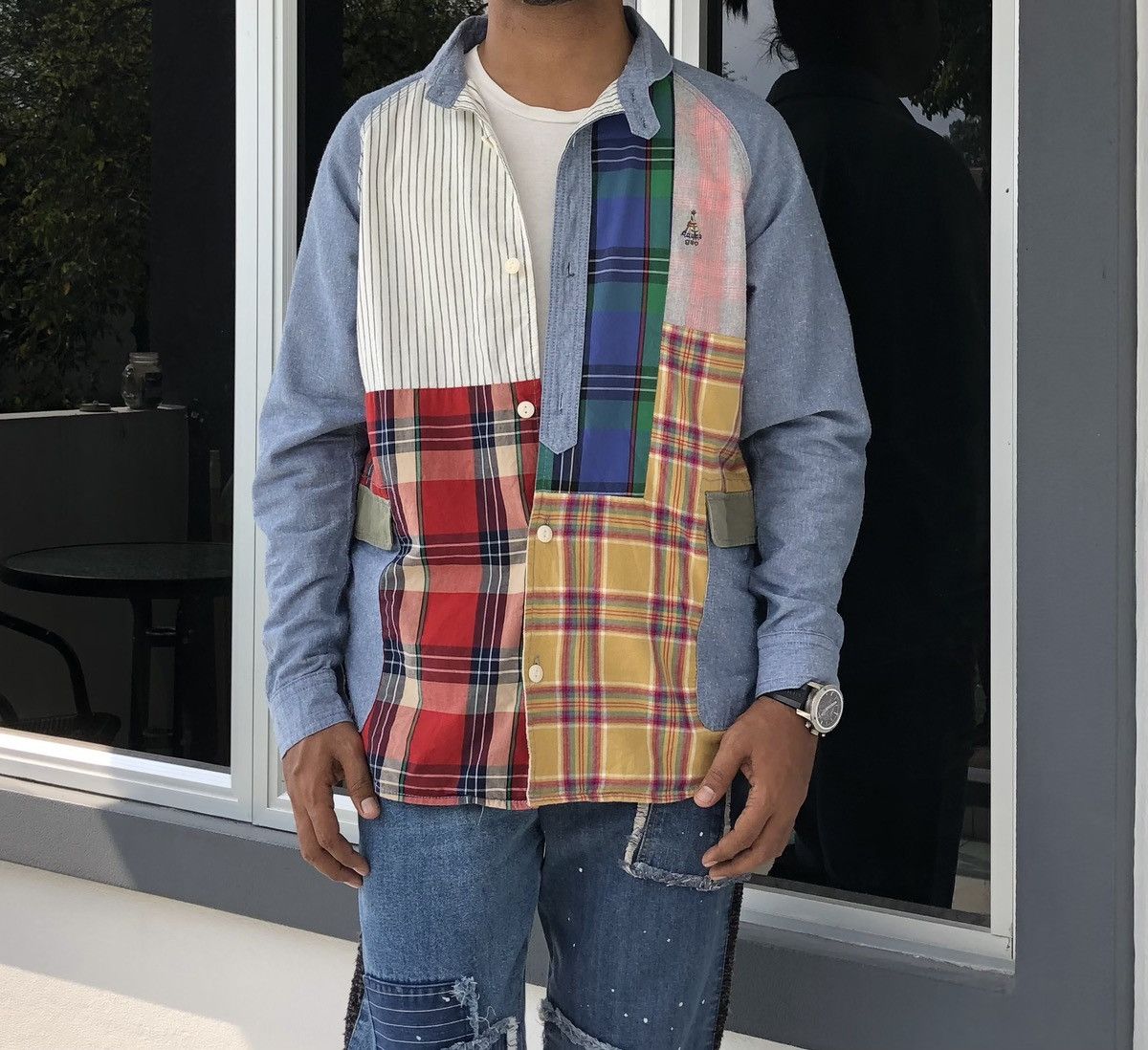 go slow caravan Go Slow Caravan PatchWork Flannel x chambray Shawl Shirt Size US L / EU 52-54 / 3 - 1 Thumbnail