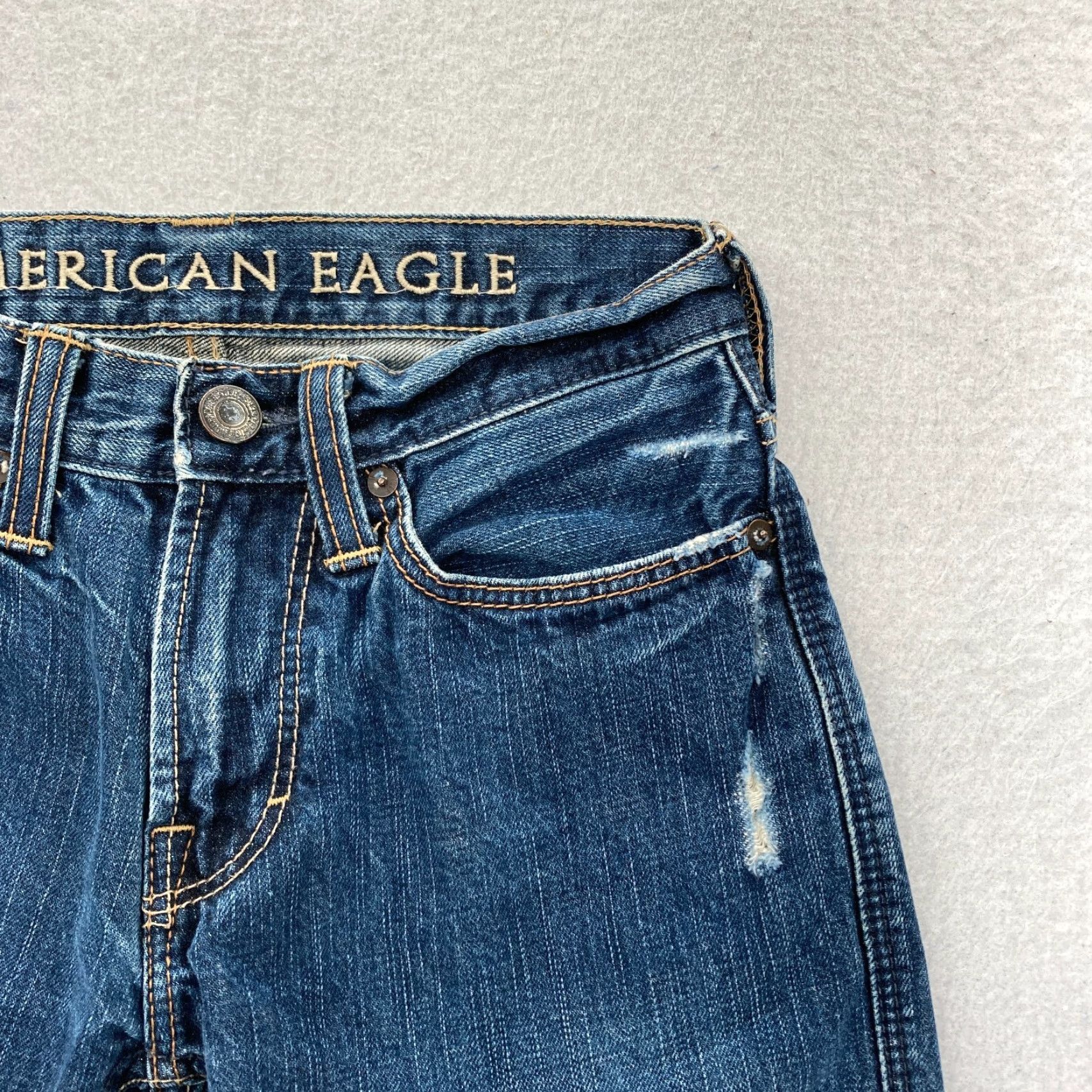 American Eagle Outfitters American Eagle Outfitters Jeans Mens 26x28 Straight Leg Dark Wash Blue Denim Distressed Regular Rise Low 8-10in 5-Pocket Denim Size US 26 / EU 42 - 4 Thumbnail
