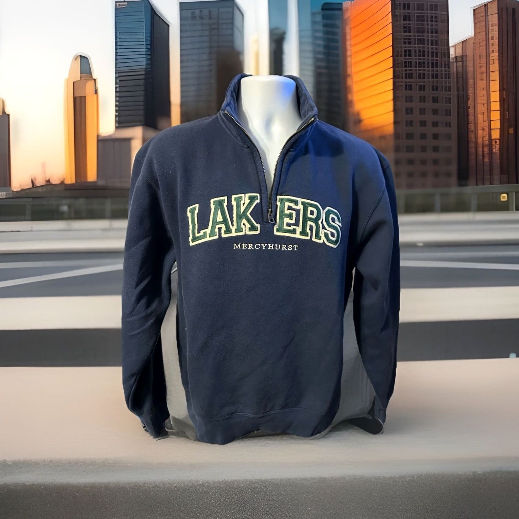 Jansport VTG Mercyhurst University 1/4 Zip Pullover Unisex Adults Medium Navy Blue Stitched Logo Zipper Mock Neck Athletic Shirt Pullover 1/4 Zip Size US M / EU 48-50 / 2 - 4 Thumbnail