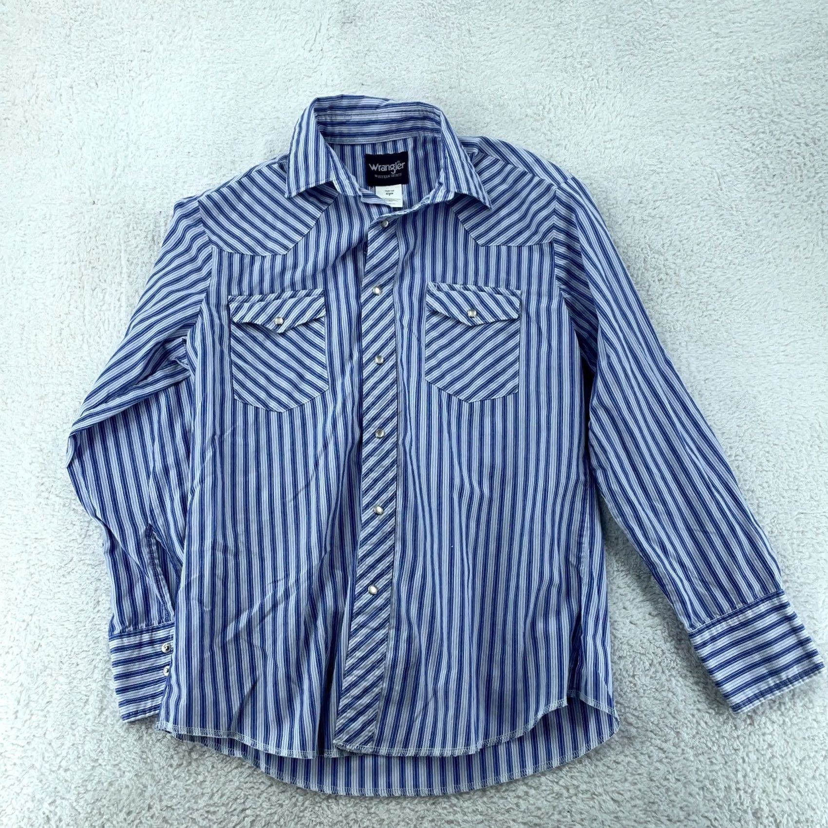 Wrangler Wrangler Open Range Western Shirt Mens M Blue White Striped Pearl Snap Shirt Size US M / EU 48-50 / 2 - 2 Thumbnail