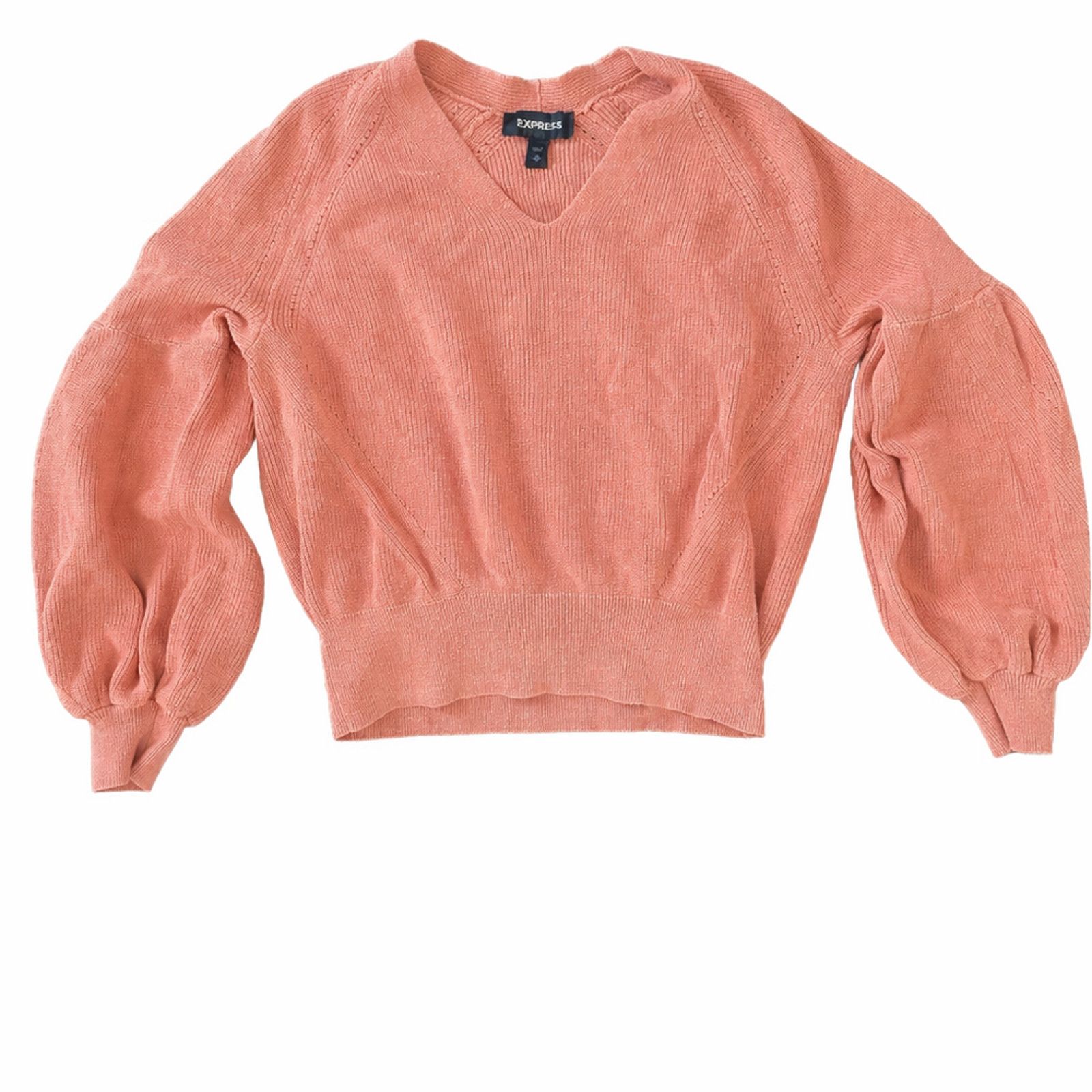 Express Oversized balloon sleeve v-neck ribbed knit cropped top Size XS / US 0-2 / IT 36-38 - 1 Thumbnail