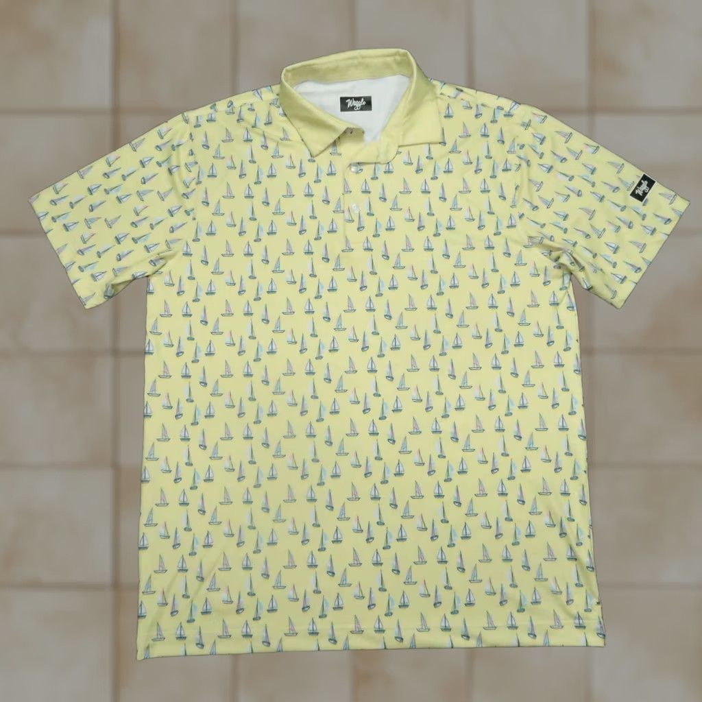 Vintage Waggle Polo Shirt Men L Yellow All Over Sailboat Print Performance Golf Polo Size US L / EU 52-54 / 3 - 1 Thumbnail