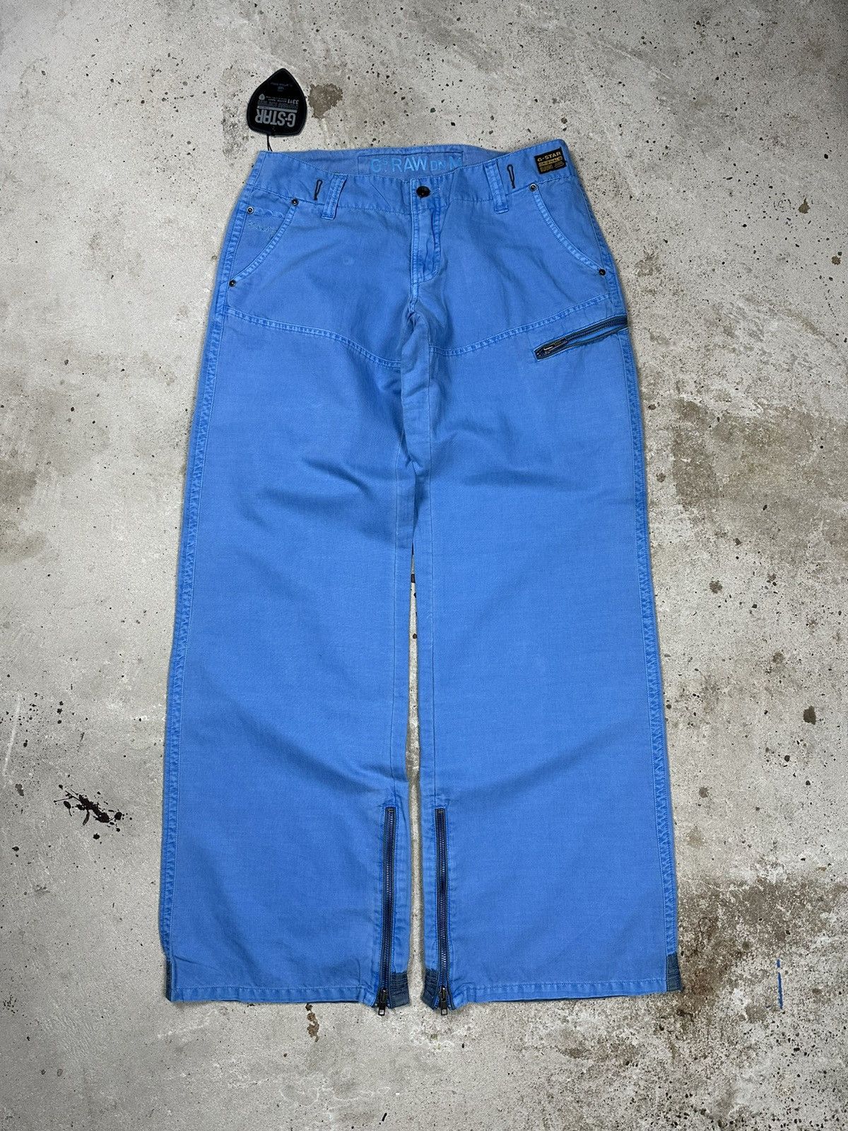 G-Star × Japanese Brand × Vintage Vintage Y2K G Star Raw Baggy Blue Custom Army Pant Zippers Size US 31 - 1 Thumbnail