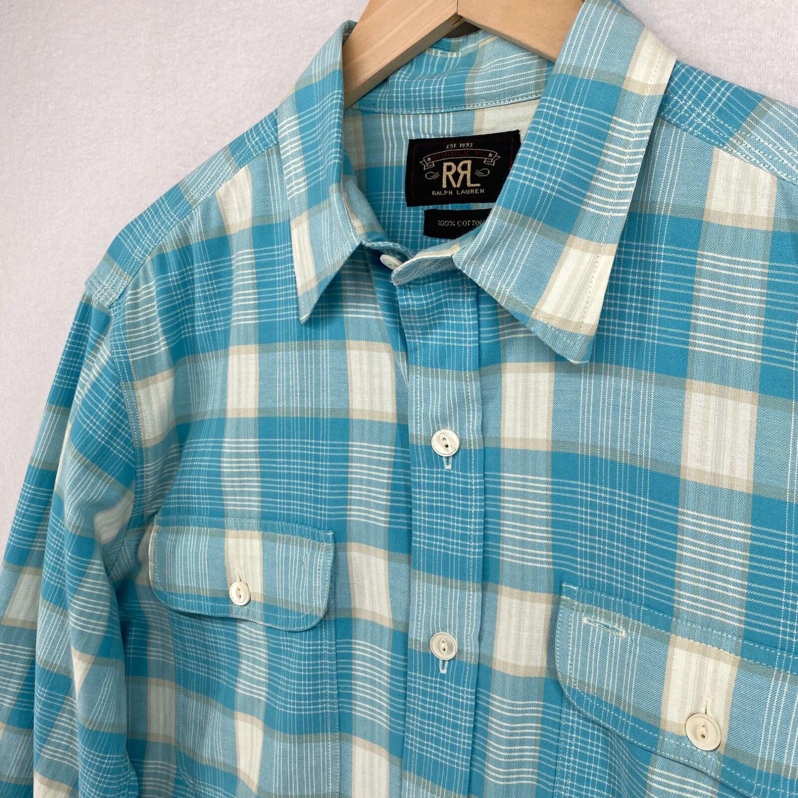 image of Rrl Double Rl Ralph Laurent Shirt Men M Plaid Button Down Long Sleeve Cotton Blue in White (Size Me