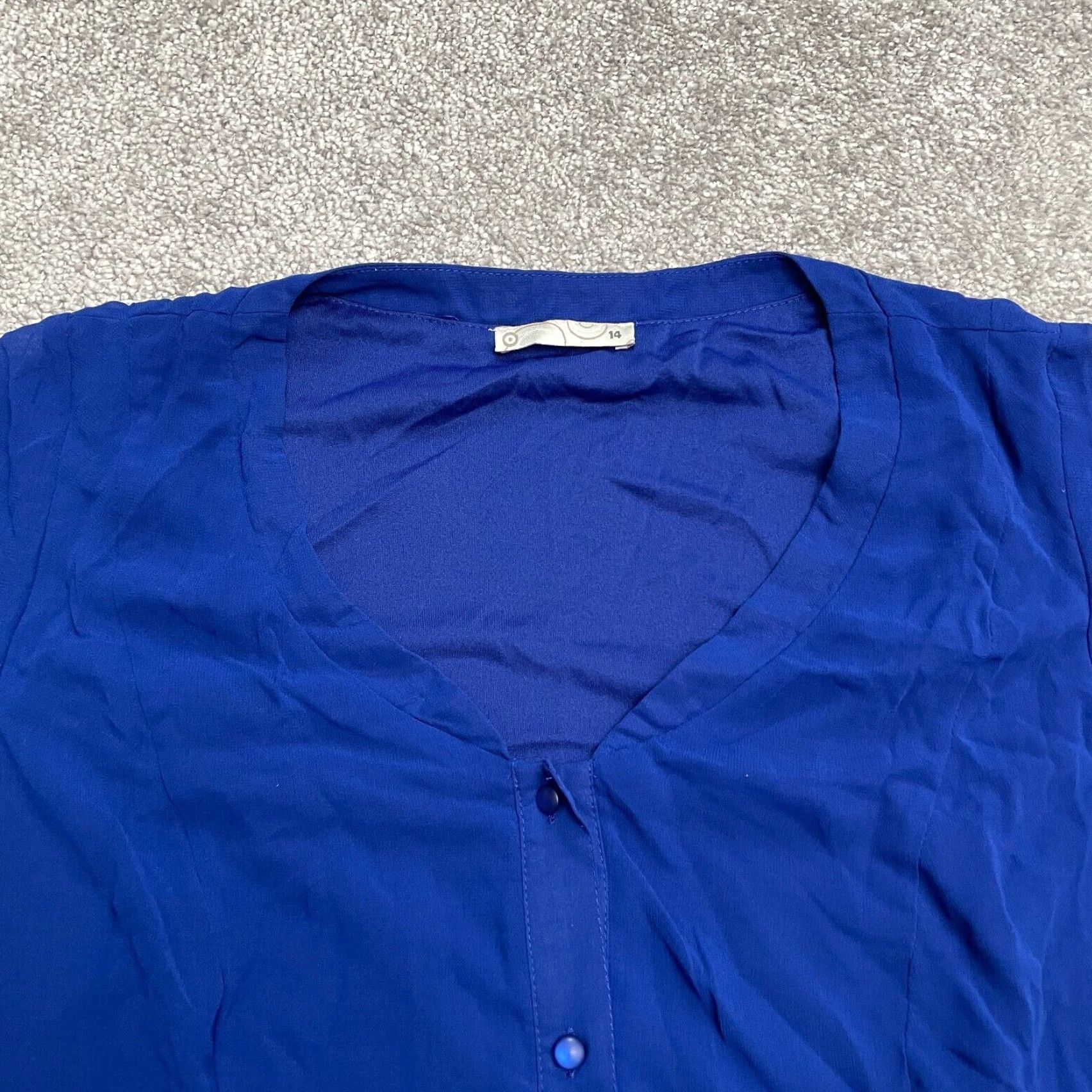 Vintage Unbranded Blouse Shirt Womens 14 Blue Chiffon Short Sleeve Button Down V-Neck Belted Peplum Casual Size S / US 4 / IT 40 - 3 Thumbnail