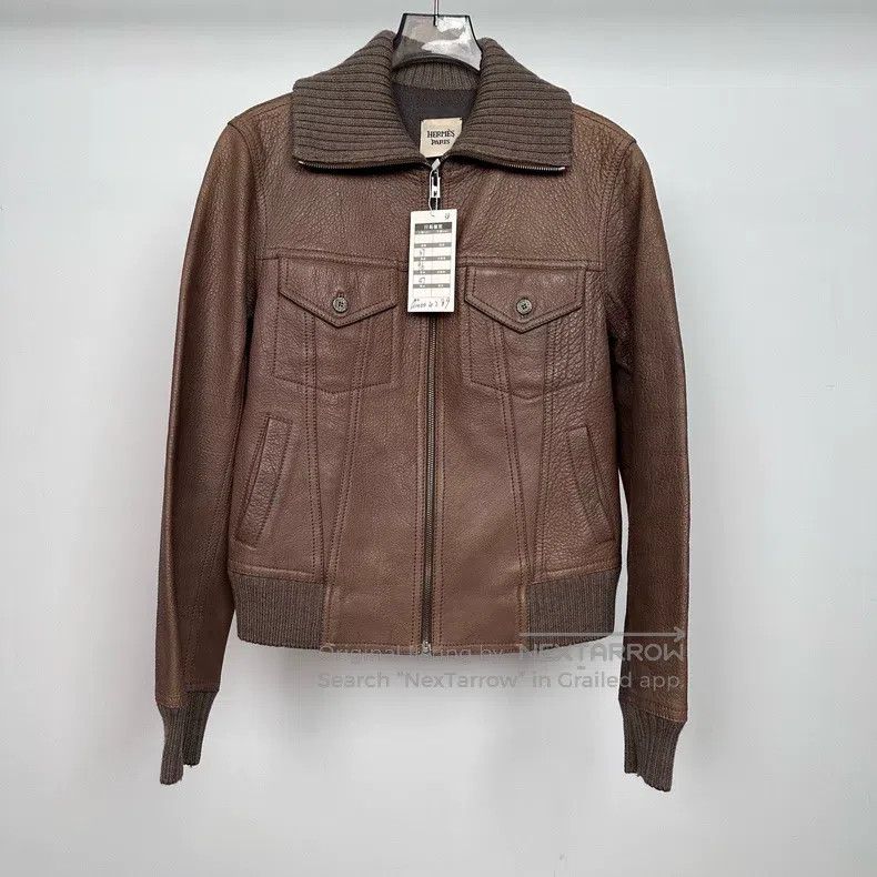 Hermes Hermes Chocolate Brown Leather Knit Patchwork Jacket Size XS / US 0-2 / IT 36-38 - 1 Thumbnail
