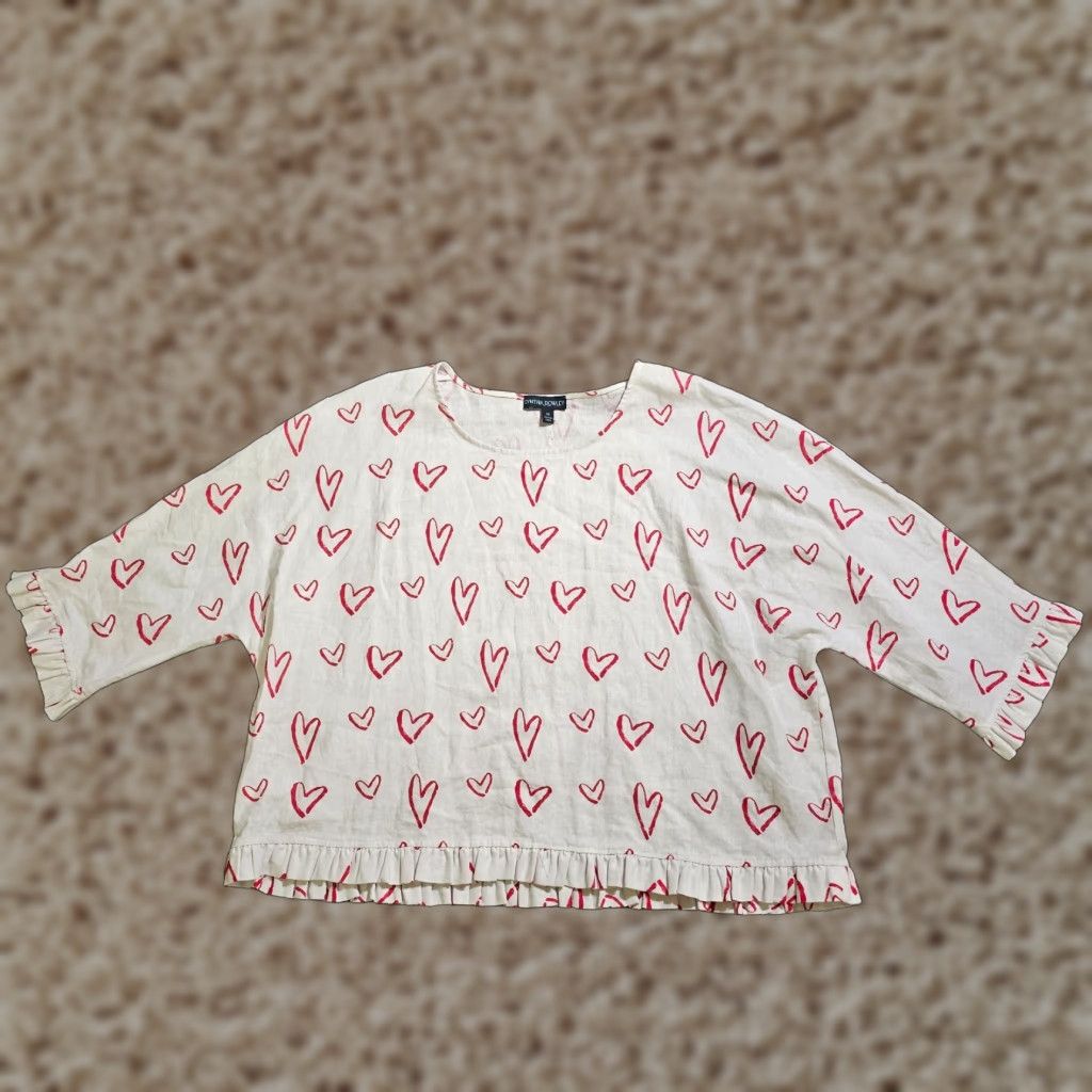 Cynthia Rowley Cynthia Rowley Top Shirt Womens Medium White Red Hearts Linen 3/4 Sleeve Casual Size M / US 6-8 / IT 42-44 - 1 Thumbnail