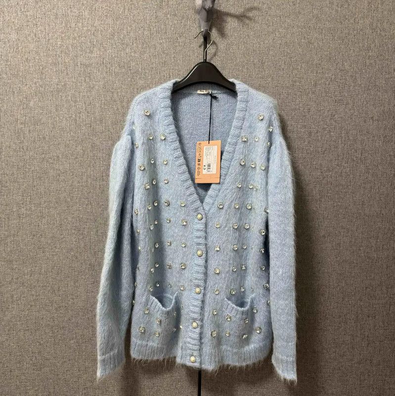 トップス MIU MIU Mohair Knit Cardigan Miu Miu Light Blue Mohair Logo Cardigan 0089