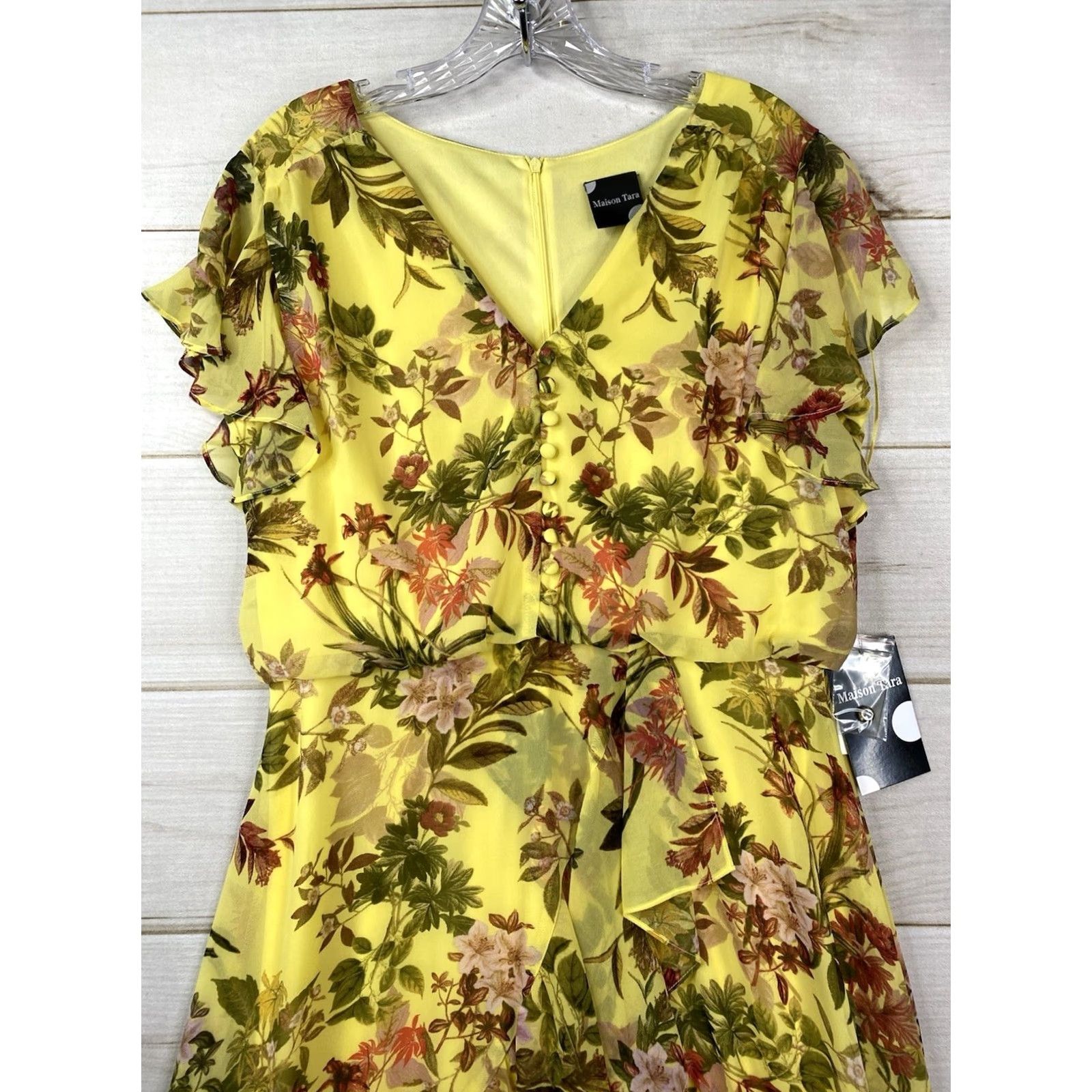 Vintage Maison Tara Dress Womens Midi V-Neck Yellow Floral Chiffon Bohemian NWT Size 12 Holiday? Size XL / US 12-14 / IT 48-50 - 2 Thumbnail