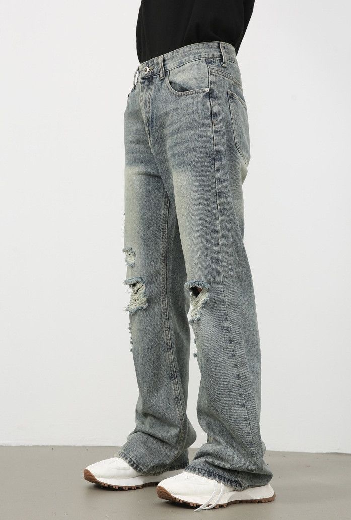 Japanese Brand × Jean Men's washed distressed straight-leg versatile ripped jeans Size US 32 / EU 48 - 3 Thumbnail