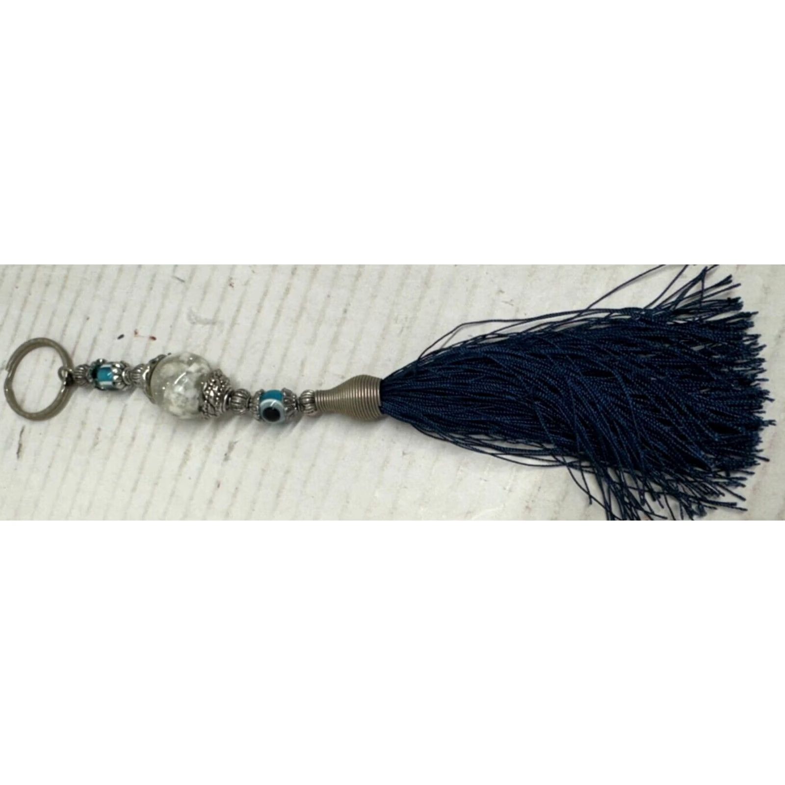 Vintage New Key Chain Metal Ring Pearl Beads Tassel Feather eye balls silver stone New Size ONE SIZE - 3 Thumbnail