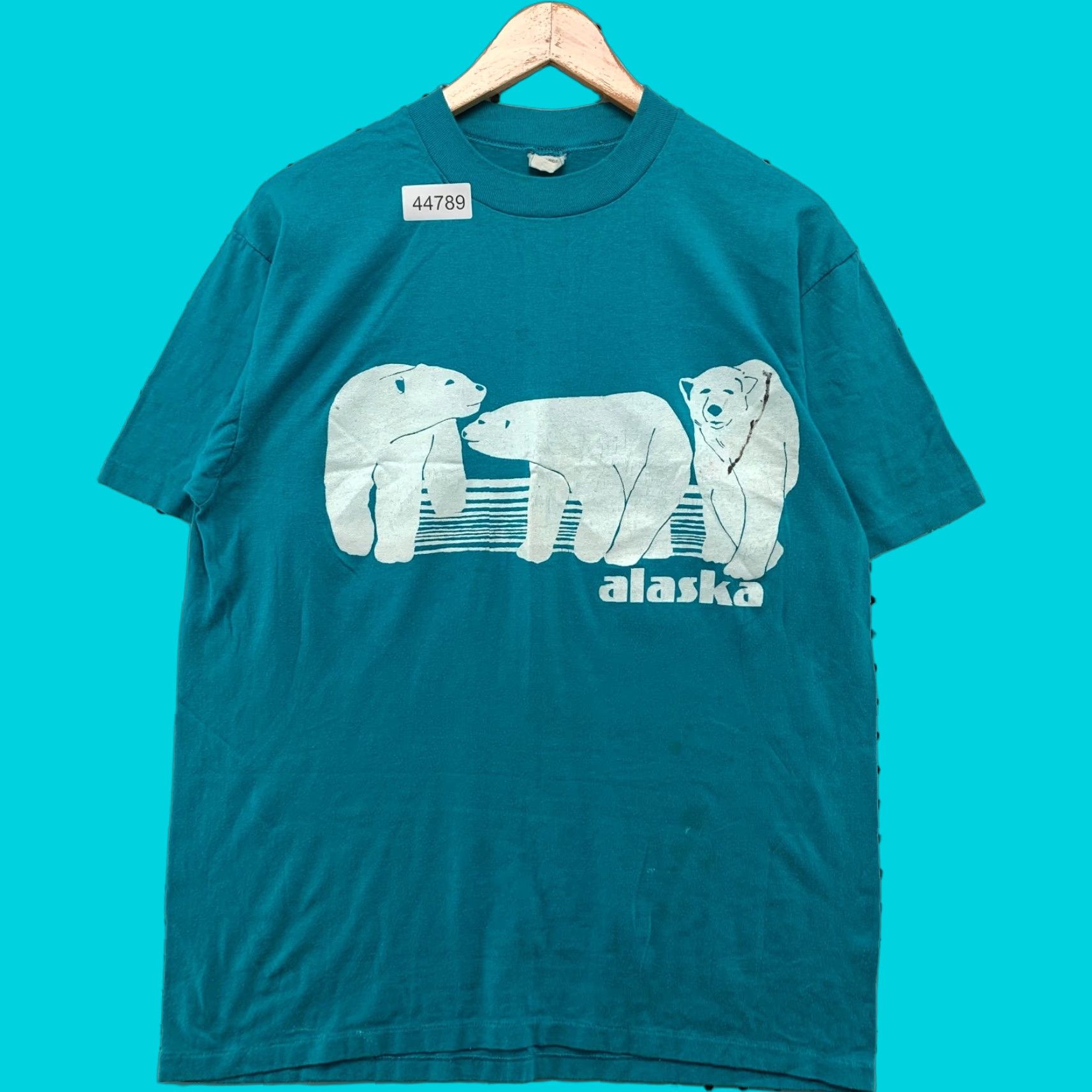 VINTAGE Spruce Alaska Graphic T-Shirt Mens XL Teal Blue Polar Bear Shirt 70s 80s Cotton Made USA