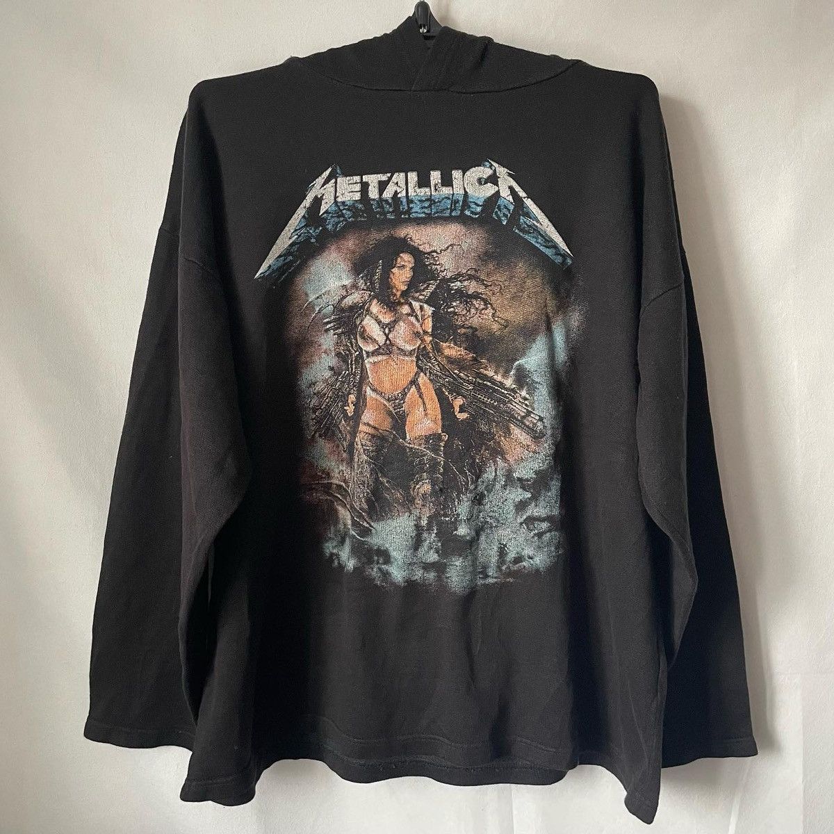 image of Vintage Rock Hoodie Nude Girl Guns In Hands in Black, Men's (Size Large)