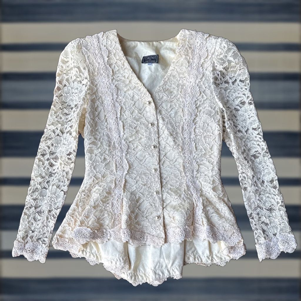 Vintage VINTAGE Cachet 80s Bari Protas Laced Pearl Victorian Top Women’s 9/10 Ivory Lace Blouse with Pearl Detail Size M / US 6-8 / IT 42-44 - 1 Thumbnail