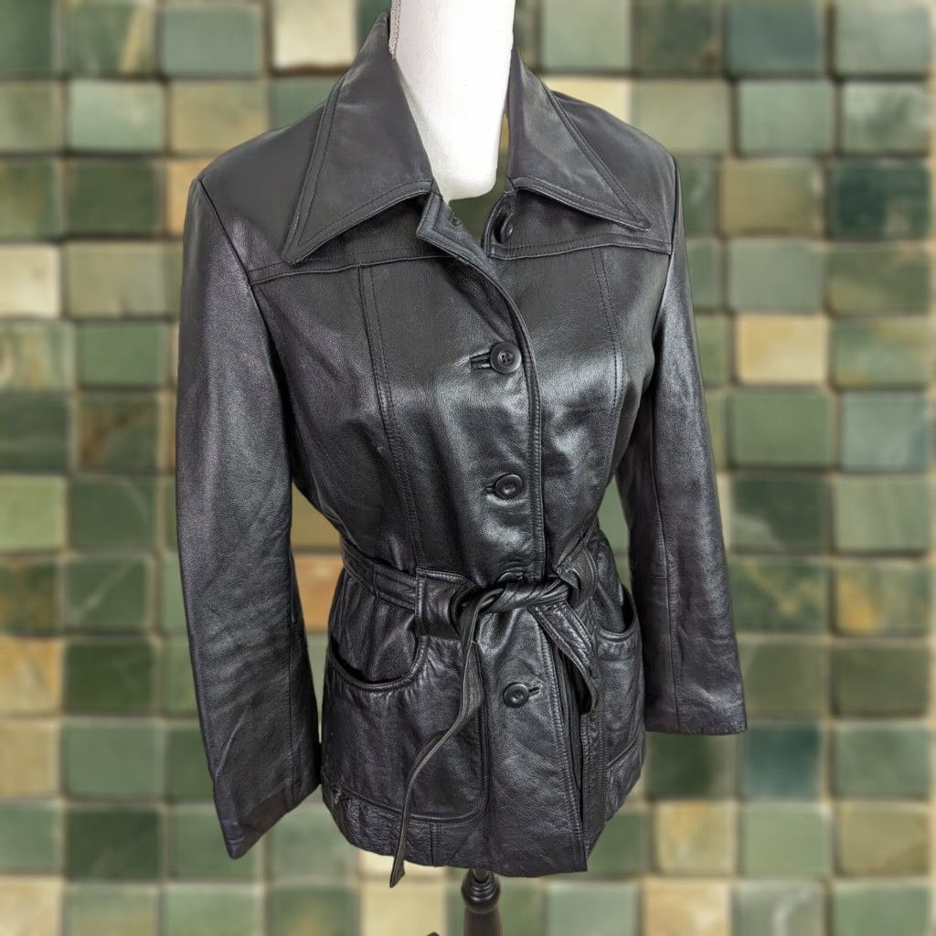Wilson VINTAGE Wilson Leather Bomber Jacket Moto Belt Tie Waist Black 00s Womens M Size ONE SIZE - 1 Thumbnail