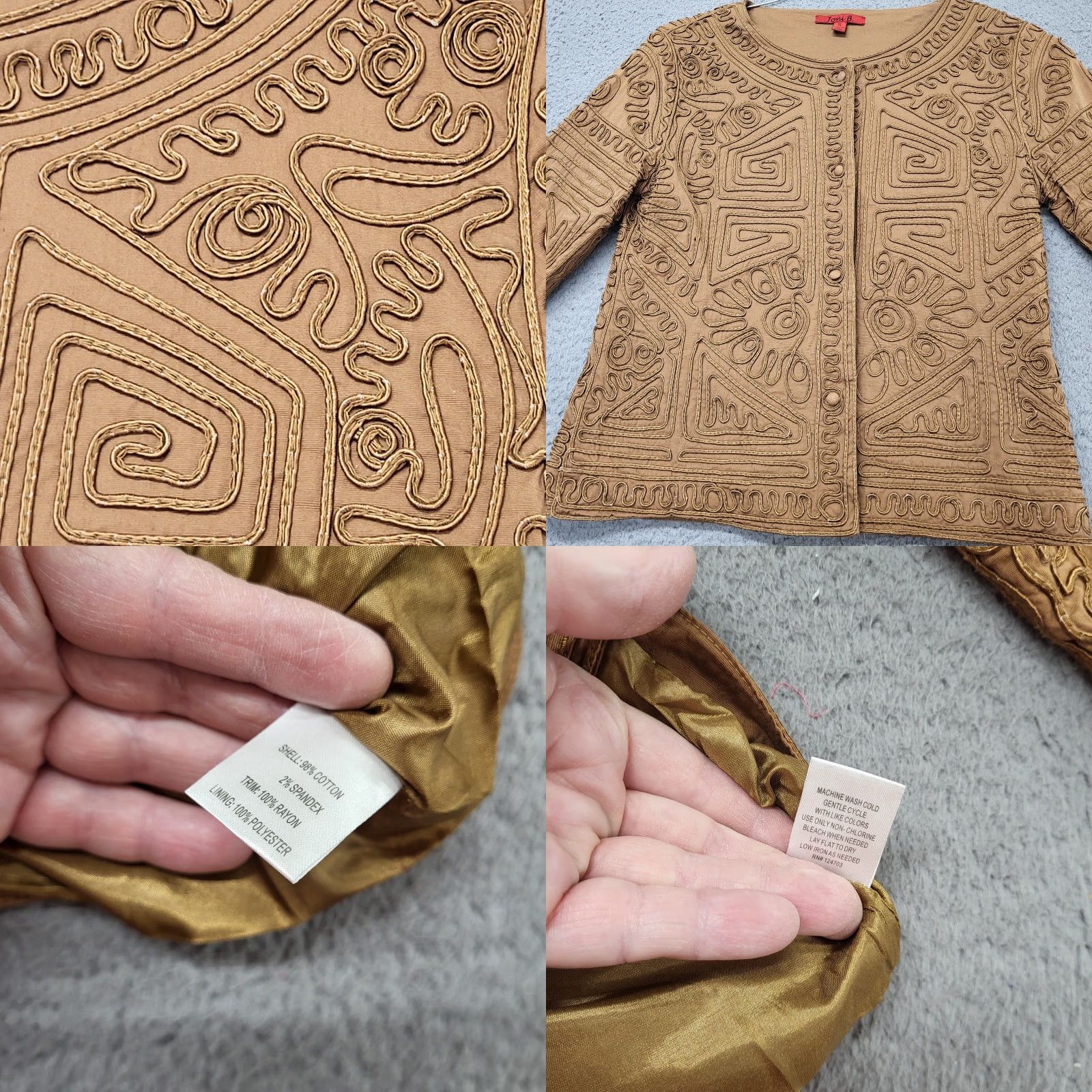 Vintage Joni B. Jacket Women's Small Brownish Gold Lined Split Sleeve Fabric Trim Button Size S / US 4 / IT 40 - 9 Thumbnail
