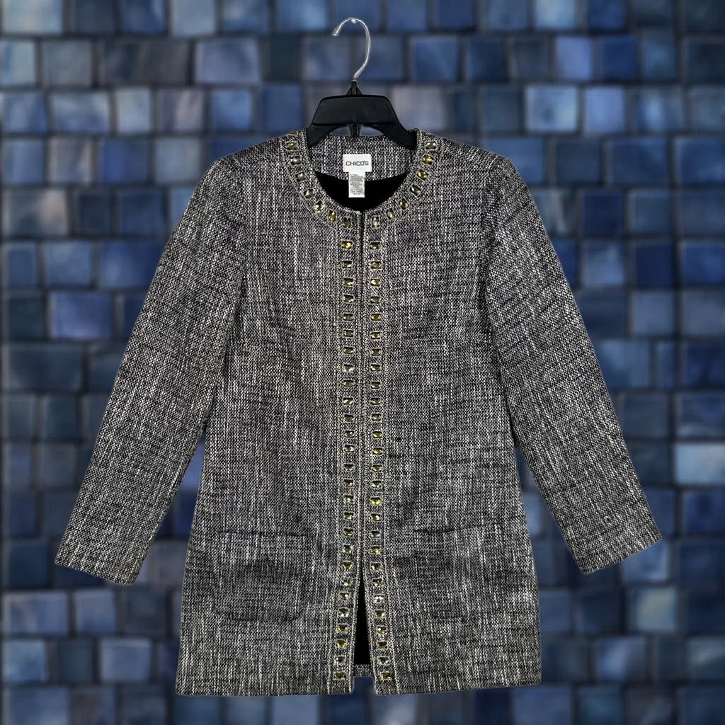 Vintage Chicos Jacket Women 0 Metallic Jewel Embellished Tweed Long Blazer Career Casual Party/Cocktail Size S / US 4 / IT 40 - 1 Thumbnail