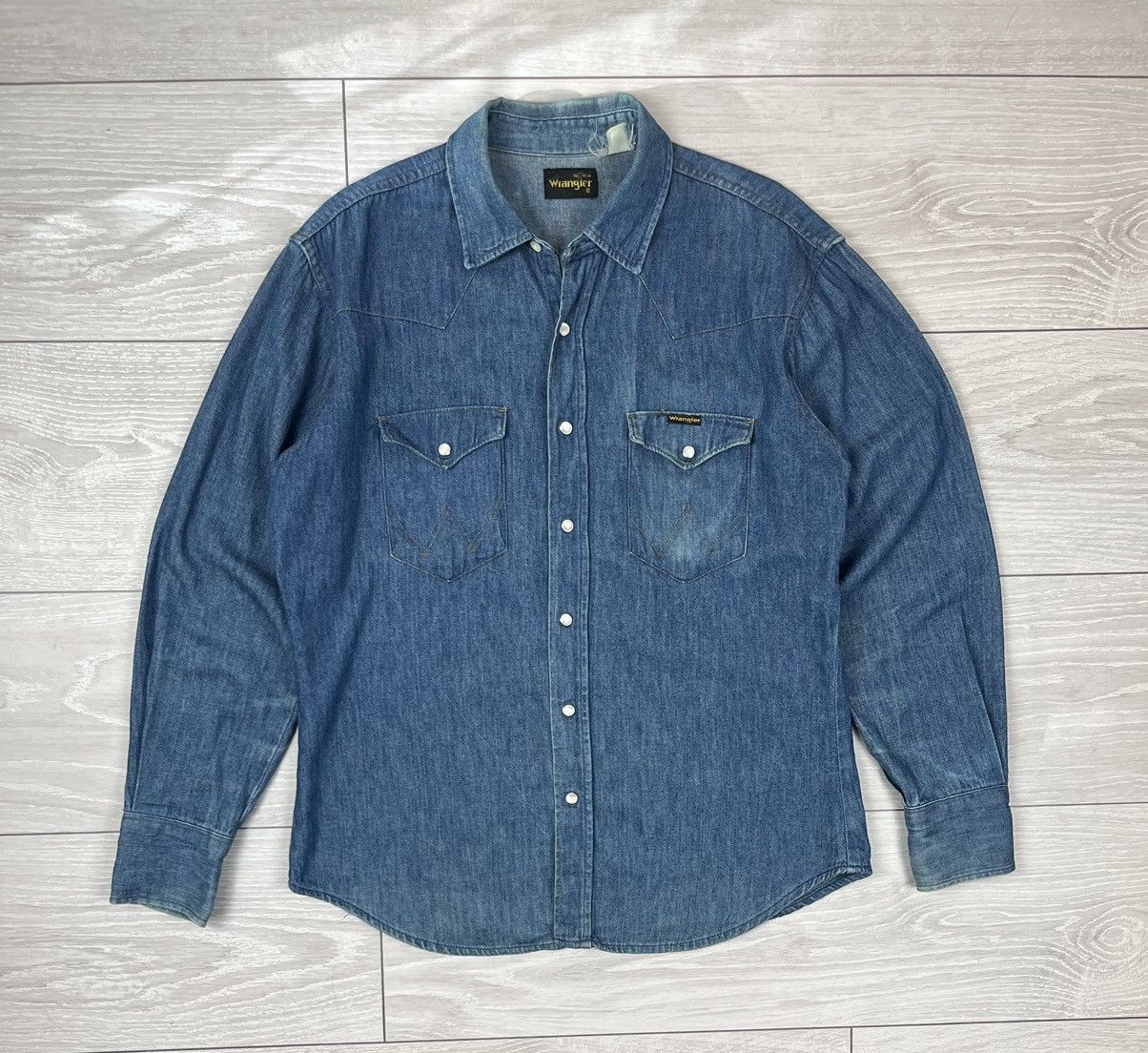 Wrangler Vintage 80s Blue Denim Rancho Shirt L Size