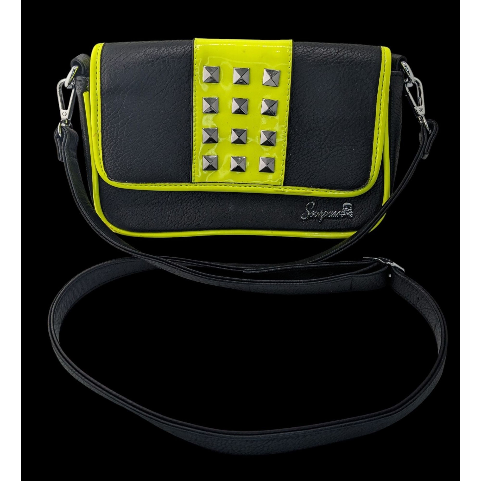 Other Sourpuss Black & Neon Yellow Studded Crossbody Purse Faux Le Size ONE SIZE - 1 Thumbnail