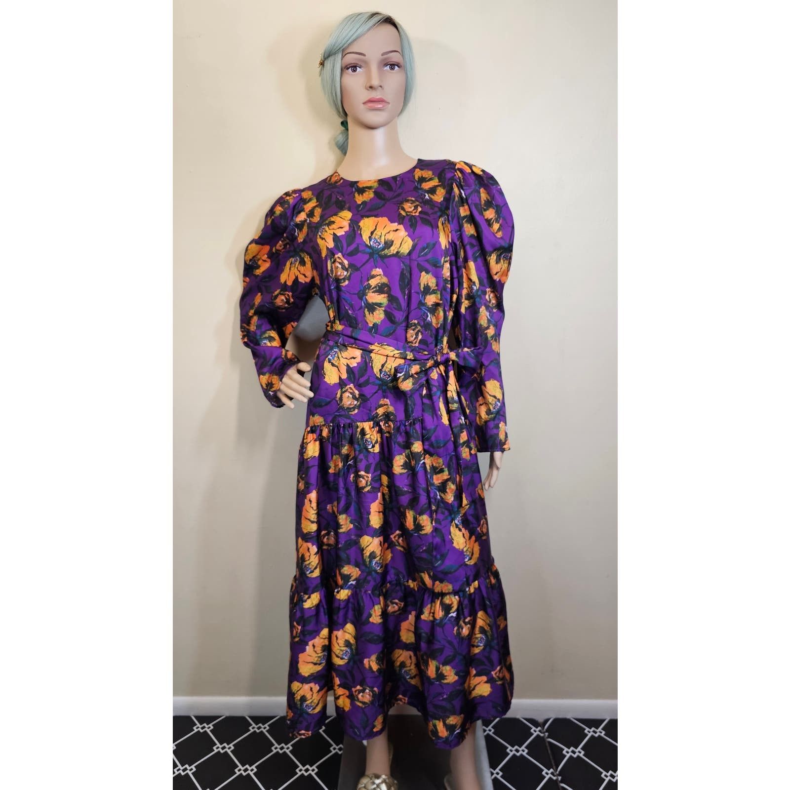 image of Anthropologie x Revolve Delfi Collective Puff Sleeve Purple Floral Dress From Anthro, Women's (Size