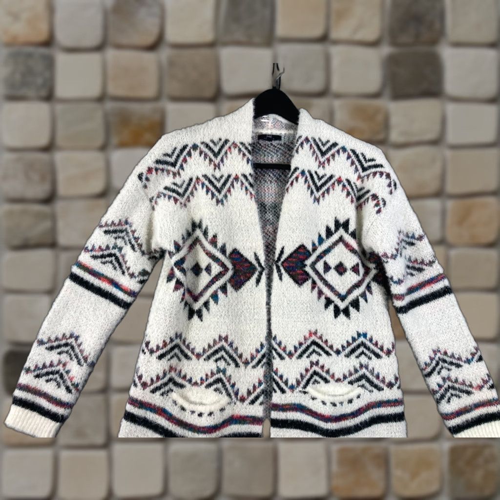 Vintage MM by My Michelle Western Cardigan Sweater Womens Large White Aztec Open Front Long Sleeve V-Neck Open Front Cardigan Western Aztec White Womens L Size L / US 10 / IT 46 - 1 Thumbnail