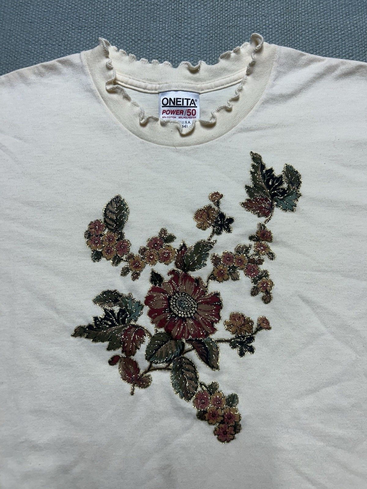 Vintage Vtg 90s t shirt flower floral nature glitter shiny sparkle L Size US L / EU 52-54 / 3 - 2 Thumbnail