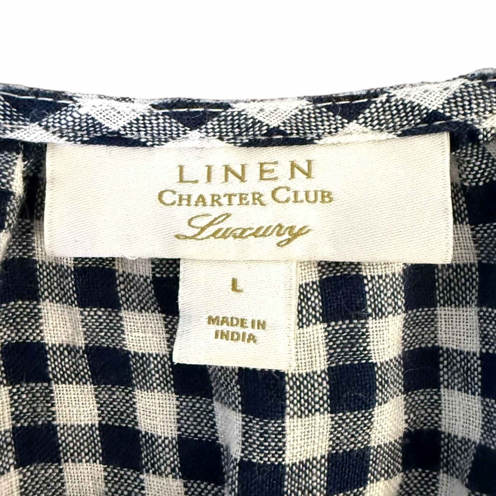 Charter Club Charter Club Linen Tie-Waist Gingham V-Neck Top Blue & White Women's Large Blouse Size L / US 10 / IT 46 - 7 Thumbnail
