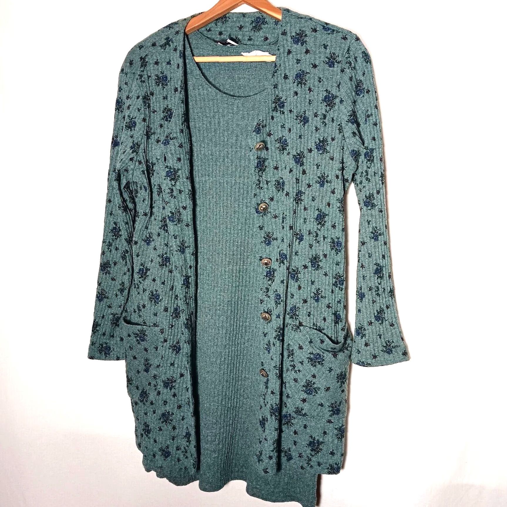 Vintage VINTAGE Pink Rose LA Gal Dress 2 Piece Set Women 12 Green Blue Floral Ribbed Knit Button Cardigan Tank Dress Winter Fall Spring Size XL / US 12-14 / IT 48-50 - 2 Thumbnail
