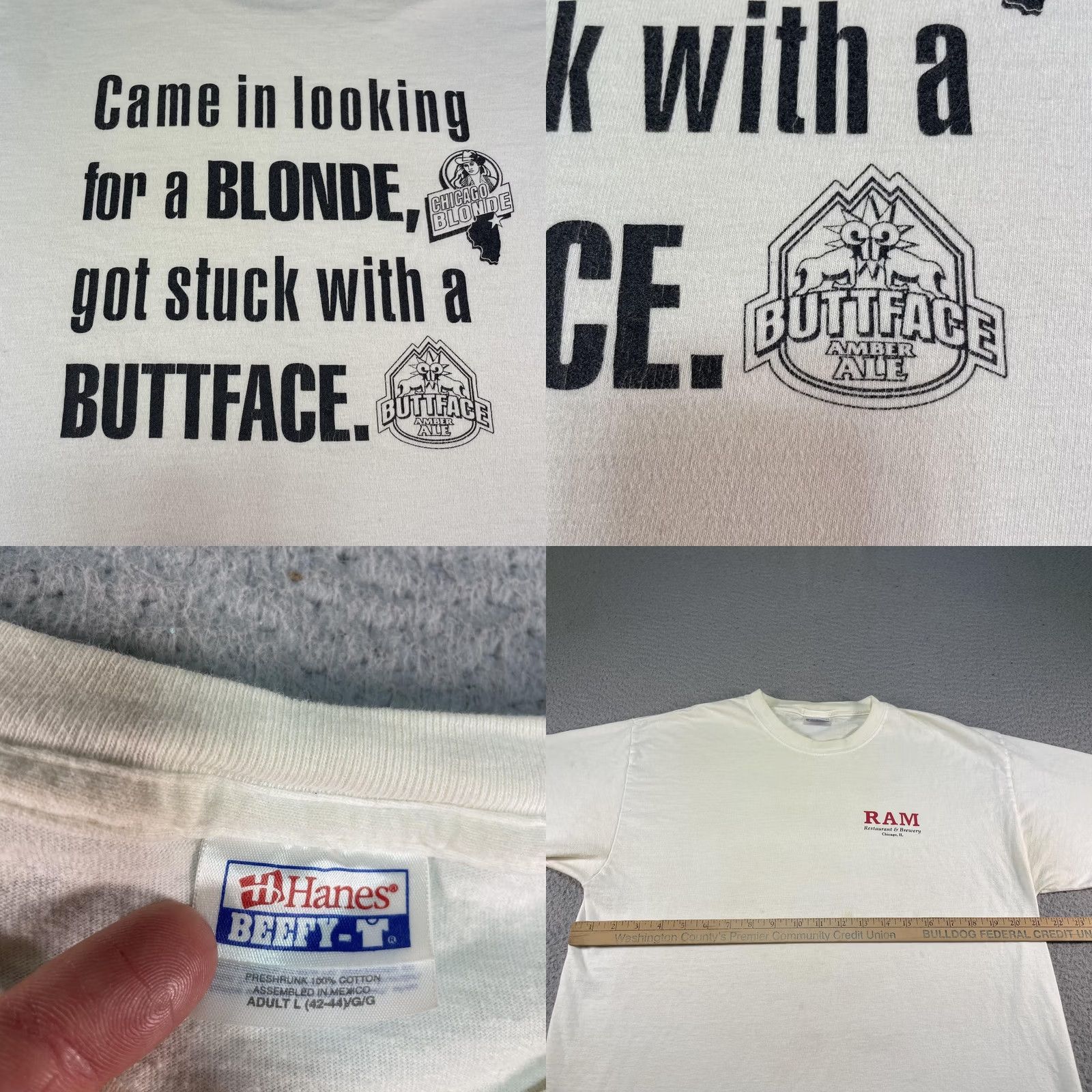Hanes Vintage Hanes Beefy-T Shirt Mens L White RAM Restaurant & Brewery Chicago Buttface Amber Ale Graphic Print Crew Neck Short Sleeve 90s Humor Pub Beer Size US L / EU 52-54 / 3 - 8 Thumbnail