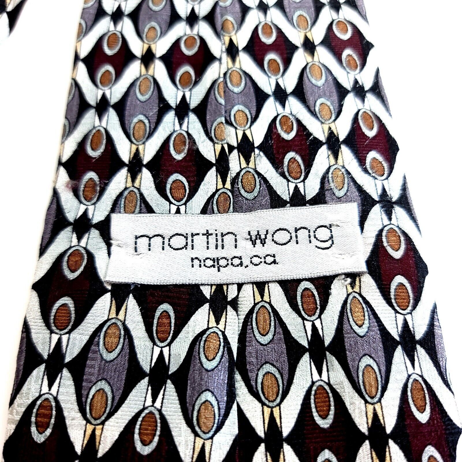 Vintage Martin Wong Red Silver Tan Print Short Wide Silk Tie Size ONE SIZE - 3 Thumbnail