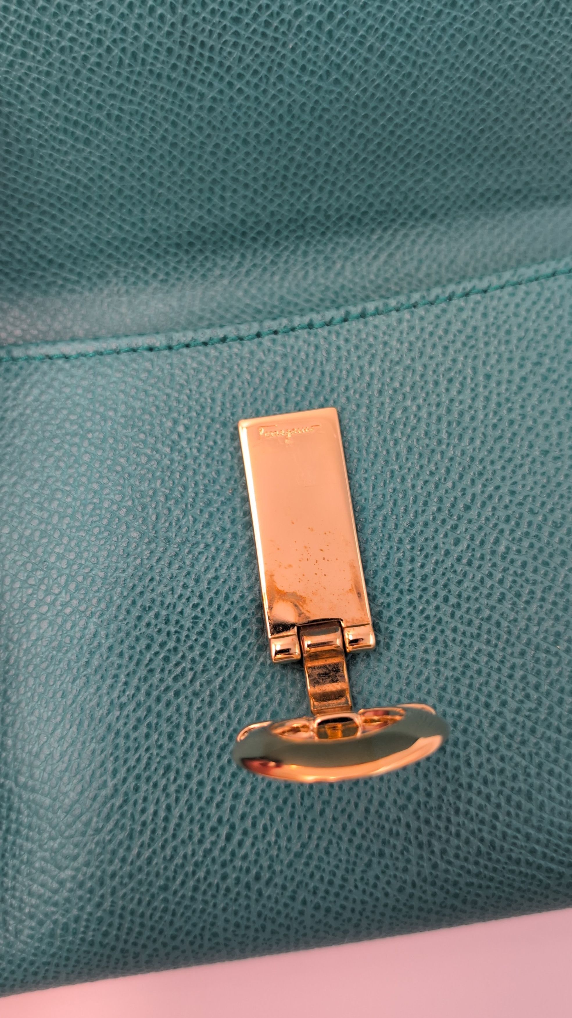 Salvatore Ferragamo Dark Aqua Green Fold-Over Clasp Leather Purse Size ONE SIZE - 6 Thumbnail