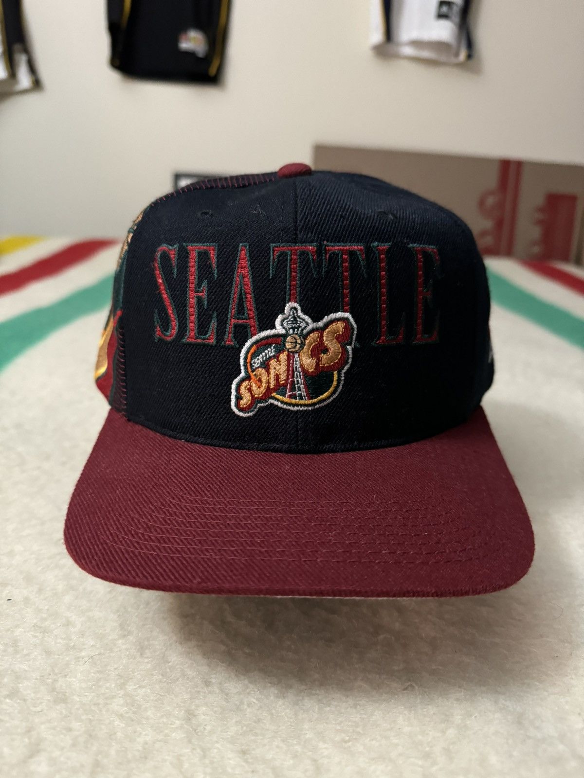 image of Logo Athletic x NBA Sportsspecialties Seattle Supersonics Sonics Laser Snapback in Black/Burgundy